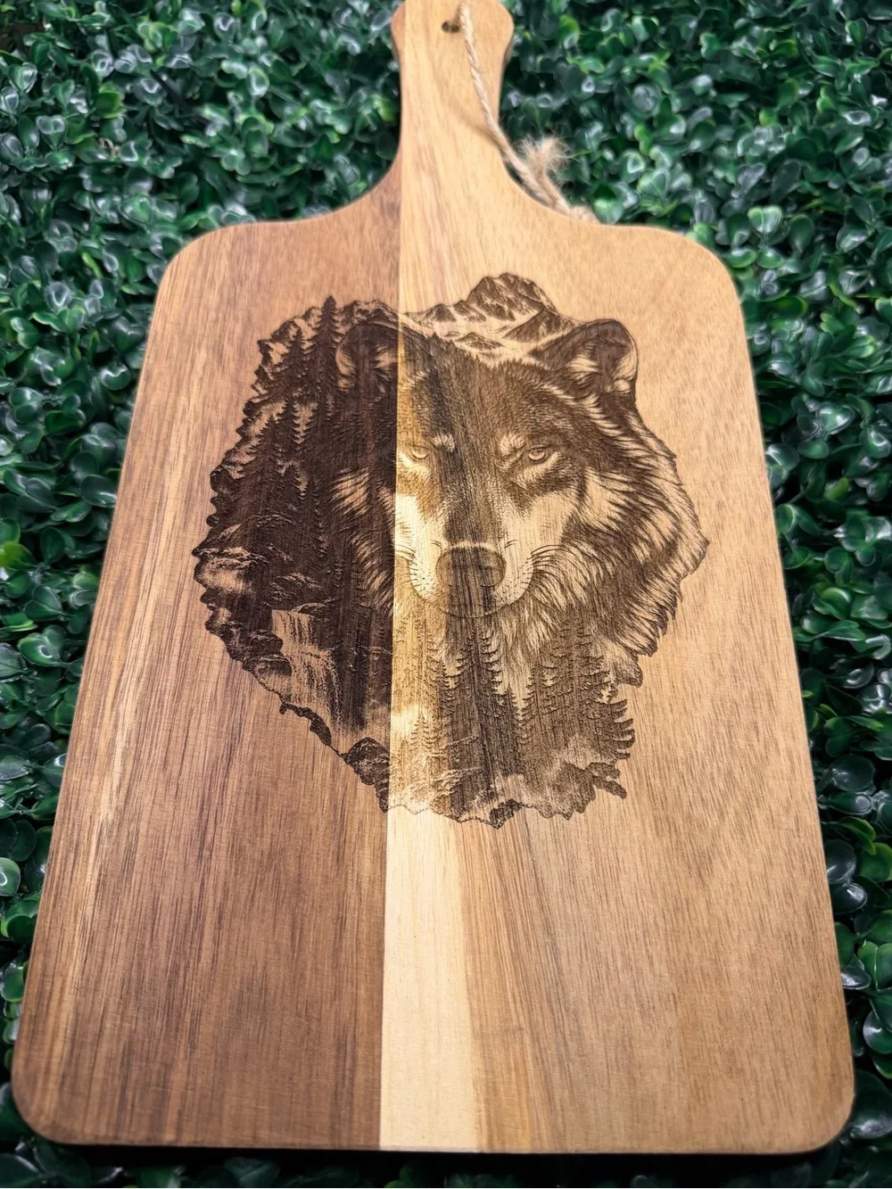 Laser-Engraved Wooden Serving Board - Wolf Design, Brown